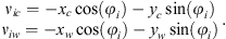 $$ \begin{array}{l}{\nu }_{{ic}}=-{x}_c\mathrm{cos}({\phi }_i)-{y}_c\mathrm{sin}({\phi }_i)\\ {\nu }_{{iw}}=-{x}_w\mathrm{cos}({\phi }_i)-{y}_w\mathrm{sin}({\phi }_i)\end{array}. $$