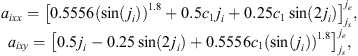$$ \begin{array}{l}{a}_{{ixx}}={\left[0.5556(\mathrm{sin}({j}_i){)}^{1.8}+0.5{c}_1{j}_i+0.25{c}_1\mathrm{sin}(2{j}_i)\right]}_{{j}_s}^{{j}_e},\\ {a}_{{ixy}}={\left[0.5{j}_i-0.25\mathrm{sin}(2{j}_i)+0.5556{c}_1(\mathrm{sin}({j}_i){)}^{1.8}\right]}_{{j}_s}^{{j}_e},\end{array} $$