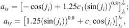 $$ \begin{array}{l}{a}_{{ix}}={\left[-\mathrm{cos}({j}_i)+1.25{c}_1(\mathrm{sin}({j}_i){)}^{0.8}\right]}_{{j}_s}^{{j}_e};\\ {a}_{{iy}}={\left[1.25(\mathrm{sin}({j}_i){)}^{0.8}+{c}_1\mathrm{cos}({j}_i)\right]}_{{j}_s}^{{j}_e},\end{array} $$