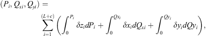 $$ ({P}_i,{Q}_{{xi}},{Q}_{{yi}})=\sum_{i=1}^{(L+c)}\left({\int }_0^{{P}_i}\delta {z}_id{P}_i+{\int }_0^{Q{x}_i}\delta {x}_id{Q}_{{xi}}+{\int }_0^{Q{y}_i}\delta {y}_i{dQ}{y}_i\right), $$