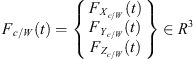 $ {F}_{c/W}(t)=\left\{\begin{array}{l}{F}_{{X}_{c/W}}(t)\\ {F}_{{Y}_{c/W}}(t)\\ {F}_{{Z}_{c/W}}(t)\end{array}\right\}\in {R}^3$