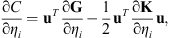 $$ \frac{\mathrm{\partial }C}{\mathrm{\partial }{\eta }_i}={\mathbf{u}}^T\frac{\mathrm{\partial }\mathbf{G}}{\mathrm{\partial }{\eta }_i}-\frac{1}{2}{\mathbf{u}}^T\frac{\mathrm{\partial }\mathbf{K}}{\mathrm{\partial }{\eta }_i}\mathbf{u}, $$