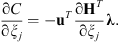 $$ \frac{\mathrm{\partial }C}{\mathrm{\partial }{\xi }_j}=-{\mathbf{u}}^T\frac{\mathrm{\partial }{\mathbf{H}}^T}{\mathrm{\partial }{\xi }_j}\mathbf{\lambda }. $$