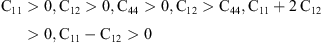 $$ {\mathrm{C}}_{11}>0,{\mathrm{C}}_{12}>0,{\mathrm{C}}_{44}>0,{\mathrm{C}}_{12}>{\mathrm{C}}_{44},{\mathrm{C}}_{11}+2\enspace {\mathrm{C}}_{12}>0,{\mathrm{C}}_{11}-{\mathrm{C}}_{12}>0 $$
