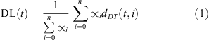 $$ \mathrm{DL}(t)=\frac{1}{\sum_{i=0}^n{\propto }_i}\sum_{i=0}^n{{\propto }_id}_{{DT}}\left(t,i\right) $$