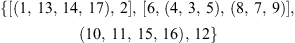 $$ \{[(1,\enspace 13,\enspace 14,\enspace 17),\enspace 2],\enspace [6,\enspace (4,\enspace 3,\enspace 5),\enspace (8,\enspace 7,\enspace 9)],\enspace (10,\enspace 11,\enspace 15,\enspace 16),\enspace 12\} $$