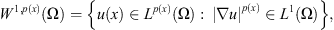 $$ {W}^{1,p(x)}\left(\mathrm{\Omega }\right)=\left\{u(x)\in {L}^{p(x)}\left(\mathrm{\Omega }\right):\enspace {\left|\nabla u\right|}^{p(x)}\in {L}^1\left(\mathrm{\Omega }\right)\right\}, $$