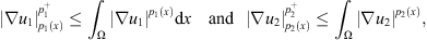 $$ {\left|\nabla {u}_1\right|}_{{p}_1(x)}^{{p}_1^{+}}\le {\int }_{\mathrm{\Omega }} {\left|\nabla {u}_1\right|}^{{p}_1(x)}\mathrm{d}{x}\enspace \mathrm{and}\enspace {\left|\nabla {u}_2\right|}_{{p}_2(x)}^{{p}_2^{+}}\le {\int }_{\mathrm{\Omega }} {\left|\nabla {u}_2\right|}^{{p}_2(x)}, $$
