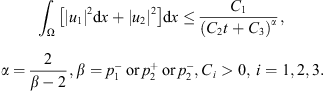 $$ {\int }_{\mathrm{\Omega }} \left[{\left|{u}_1\right|}^2\mathrm{d}x+{\left|{u}_2\right|}^2\right]\mathrm{d}x\le \frac{{C}_1}{{\left({C}_2t+{C}_3\right)}^{\alpha }},\enspace \alpha =\frac{2}{\beta -2},\beta ={p}_1^{-}\enspace \mathrm{or}\enspace {p}_2^{+}\enspace \mathrm{or}\enspace {p}_2^{-},{C}_i>0,\enspace i=\mathrm{1,2},3. $$