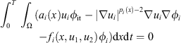 $$ \int^T_0 \underset{\mathrm{\Omega }}{\int } ({a}_i(x){u}_i{\phi }_{\mathrm{it}}-{\left|\nabla {u}_i\right|}^{{p}_i(x)-2}\nabla {u}_i\nabla {\phi }_i-{f}_i(x,{u}_1,{u}_2){\phi }_i)\mathrm{d}x\mathrm{d}t=0 $$